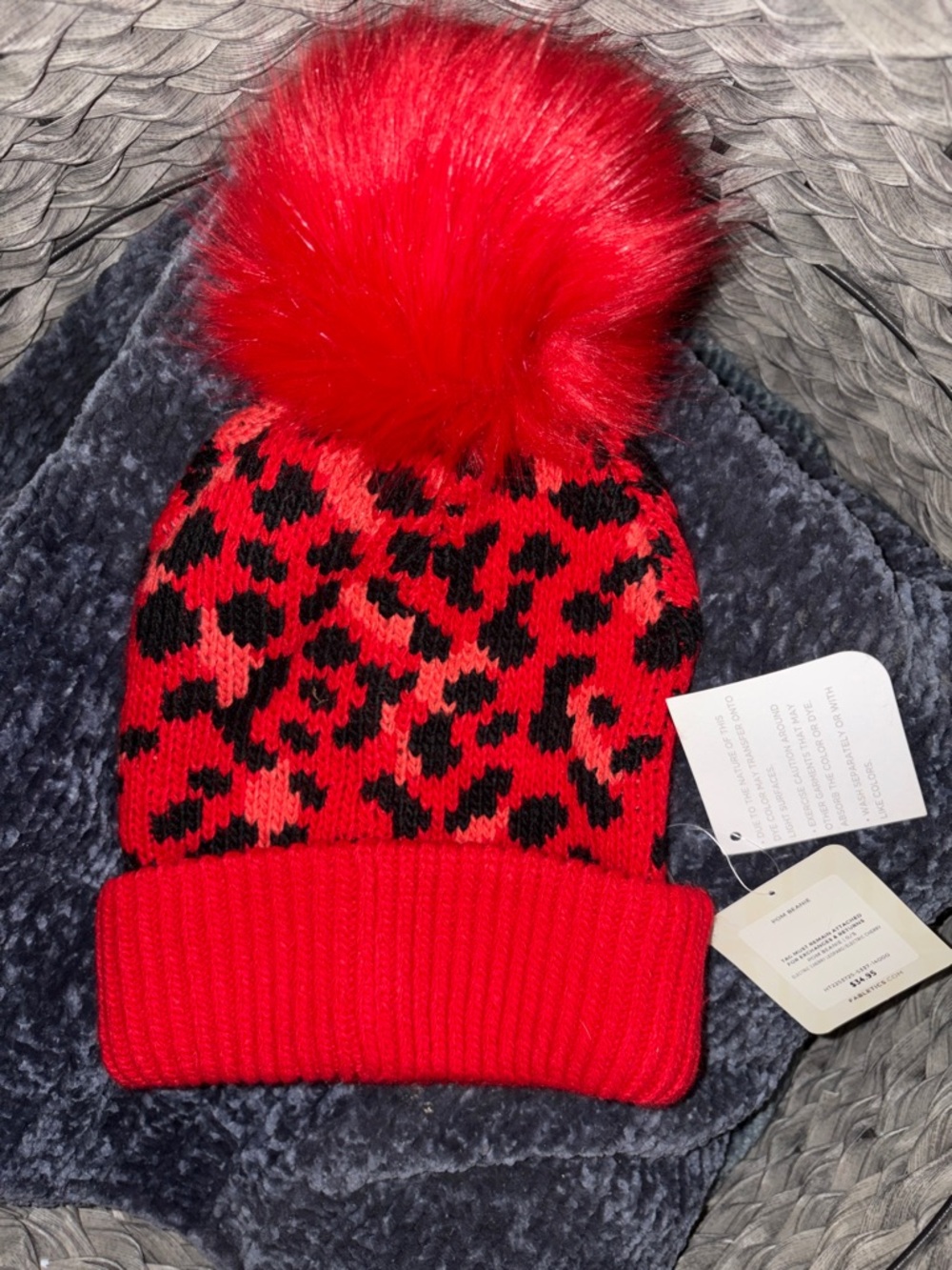 NWT Fabletics Red Leopard Print Beanie with Pom Pom